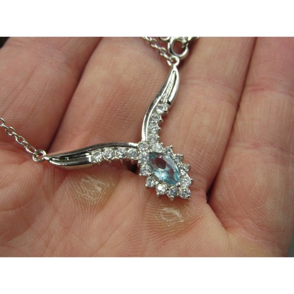 18" Sterling Silver Blue Marquise CZ With Clear Accents Necklace Vintage Minimal - Picture 3 of 6